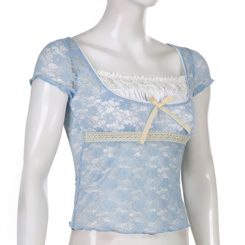 Trim Crop Top Bow Cute Sweet T Shirt Women Retro Short Sleeve Lace Patched Tshirt - MERGE.DAY.1.FREESTYLE