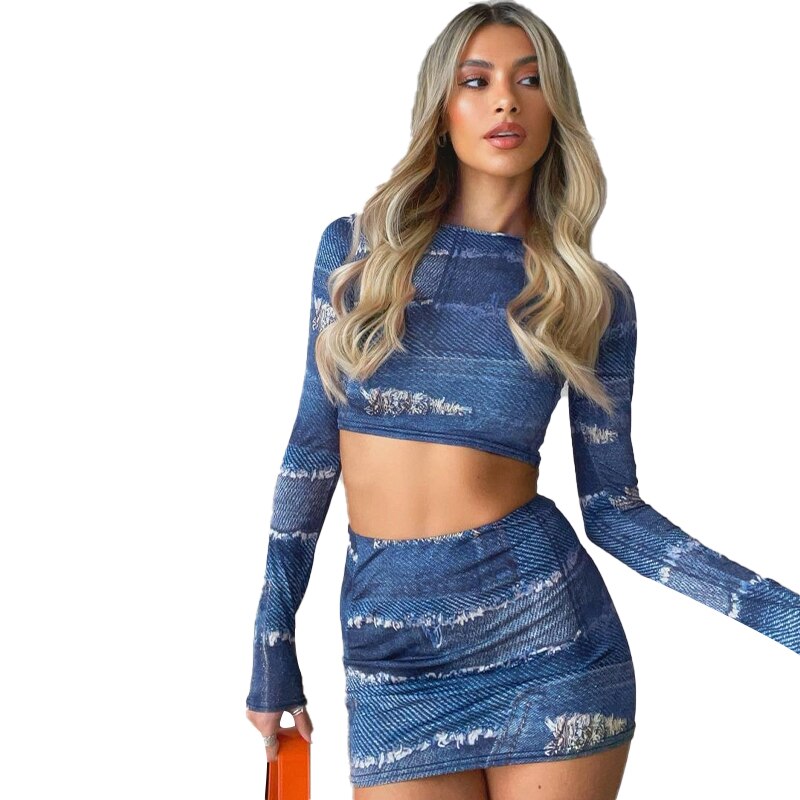 Print O Neck Long Sleeve Vintage Sexy Crop Top Patchwork Skirt 2 Pcs Set - MERGE.DAY.1.FREESTYLE