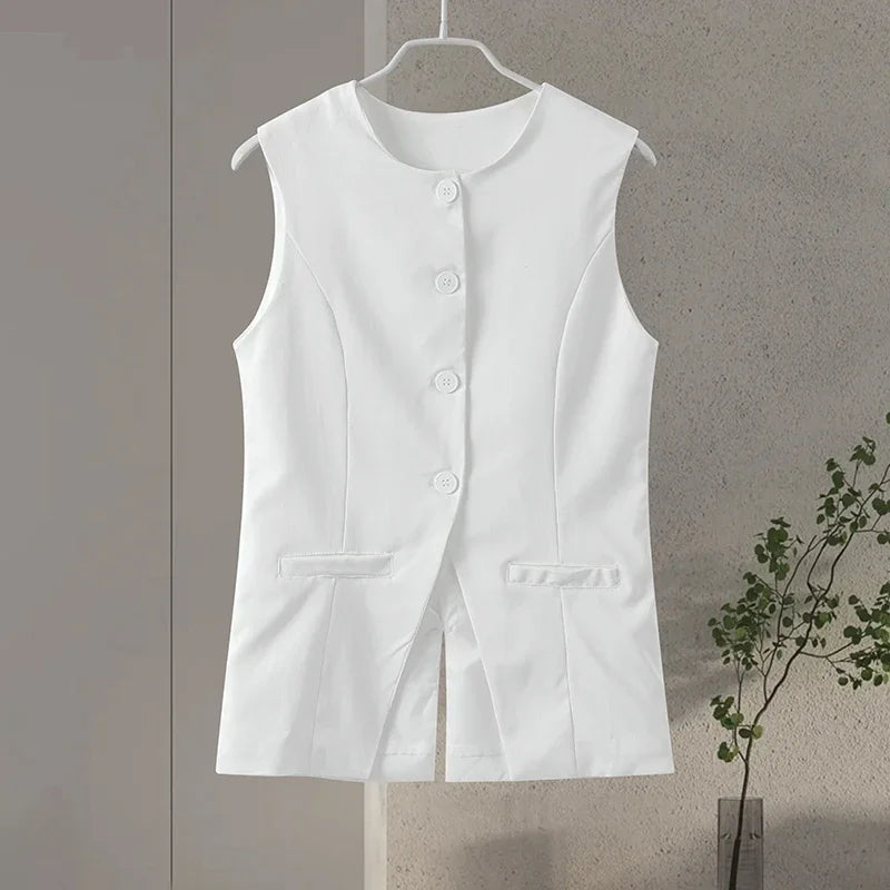 Elegant White Shorts Sets Sleeveless Single Breasted Top High Waist Shorts - MERGE.DAY.1.FREESTYLE