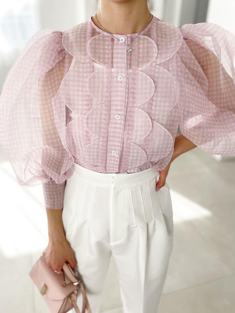 Summer Tops See Through Puff Sleeve Sweet Shirt Single Breasted Plaid - MERGE.DAY.1.FREESTYLE