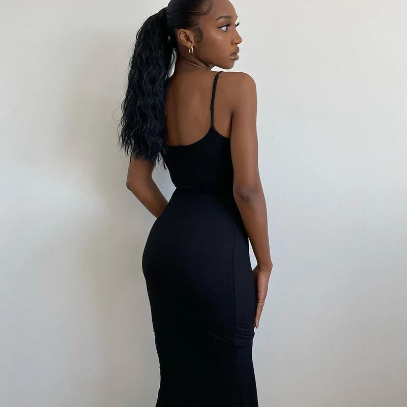 Spaghetti Strap Black Long Sleeveless Skinny Bodycon Dress Y2k - MERGE.DAY.1.FREESTYLE