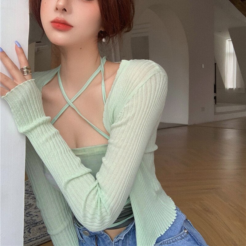 Summer Cardigan Two Piece Sets Women Fashion Slim Green Tie-dye Tops+See Through Thin Knitted - MERGE.DAY.1.FREESTYLE
