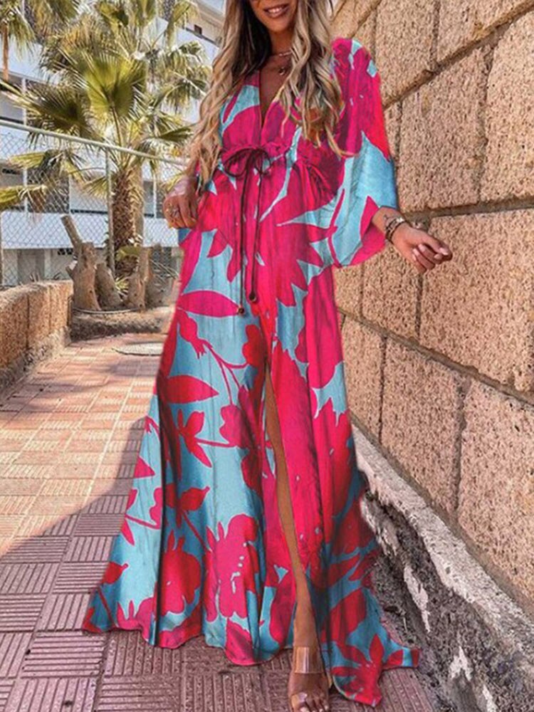 Bikini Cover Ups Print Maxi Dress for Women Summer Bohemian Beach Sexy Floral Tunic Long Dress - MERGE.DAY.1.FREESTYLE