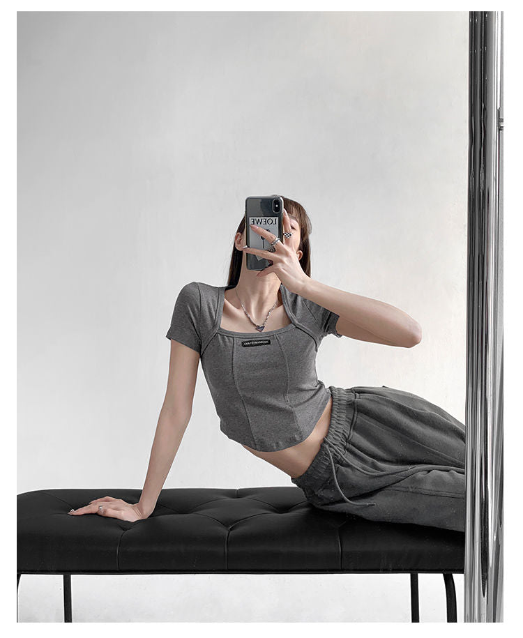 Curved Crop Tops Women Summer Square Collar Short Sleeve T-Shirt Fashion Slim Woman - MERGE.DAY.1.FREESTYLE