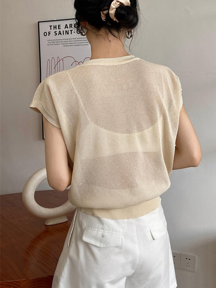 Hollow T-shirt Chain Women Summer New Solid Color Short Sleeve Knitted Tops Female 2022 - MERGE.DAY.1.FREESTYLE