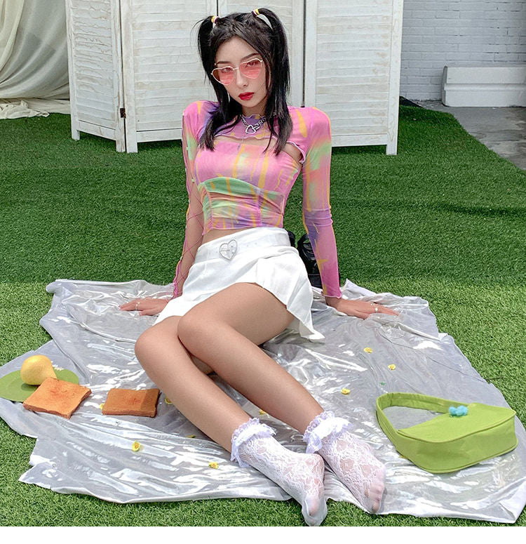 Hollow Bandage T-Shirt Women Sweet Suits Color Pattern Mesh Camisole + Long Sleeve Smock Female - MERGE.DAY.1.FREESTYLE