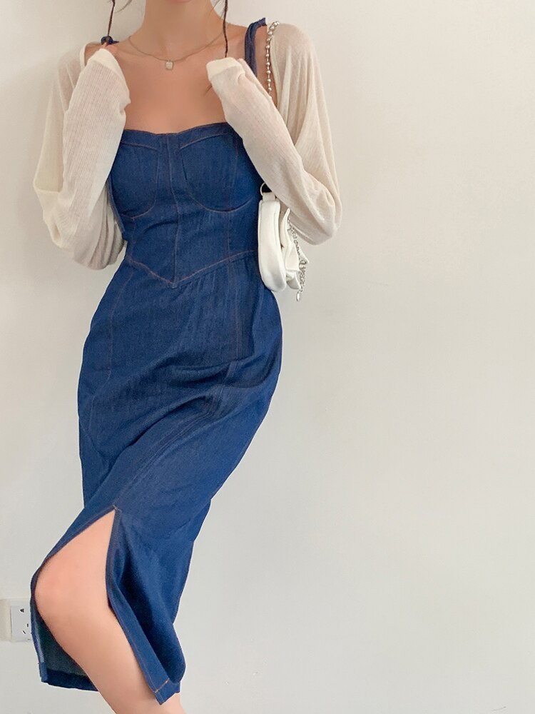 Summer Women Sexy Slip Denim Dress Strapless Lace-up High Waist Dress - MERGE.DAY.1.FREESTYLE