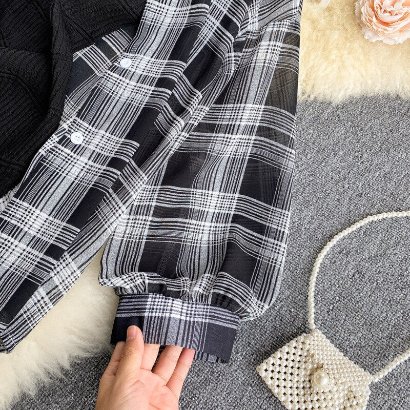 Summer Women Two Piece Set Plaid Long Sleeve Sunscreen Shirt+A-line Knitting Slip Dress - MERGE.DAY.1.FREESTYLE