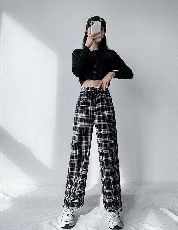 Plaid Pants Women High Waist Drawstring Loose Straight Baggy Pants 2022 Spring and Summer - MERGE.DAY.1.FREESTYLE