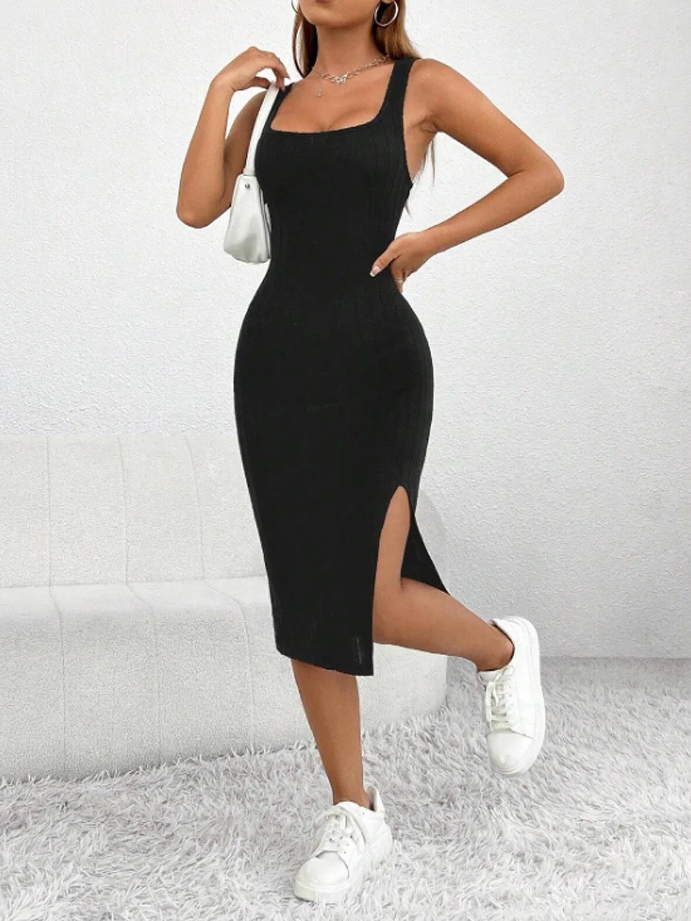 slit dress solid color sling slim dress - MERGE.DAY.1.FREESTYLE