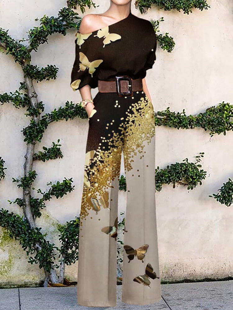 2022 Summer Pattern Print Jumpsuit Off Shoulder Romper Women Wide Leg Pant Playsuit - MERGE.DAY.1.FREESTYLE