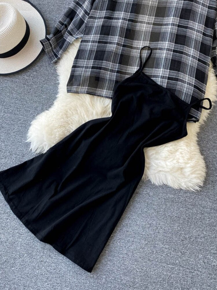 Two Piece Set Long Sleeve Plaid Grey Overcoats Spaghetti Strap Slim Dress - MERGE.DAY.1.FREESTYLE
