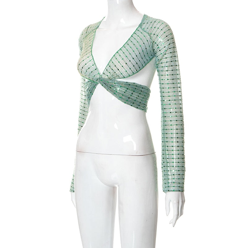Bling Glitter Sequins Bell Long Sleeve Lace Up Crop Top Blouse Y2K - MERGE.DAY.1.FREESTYLE