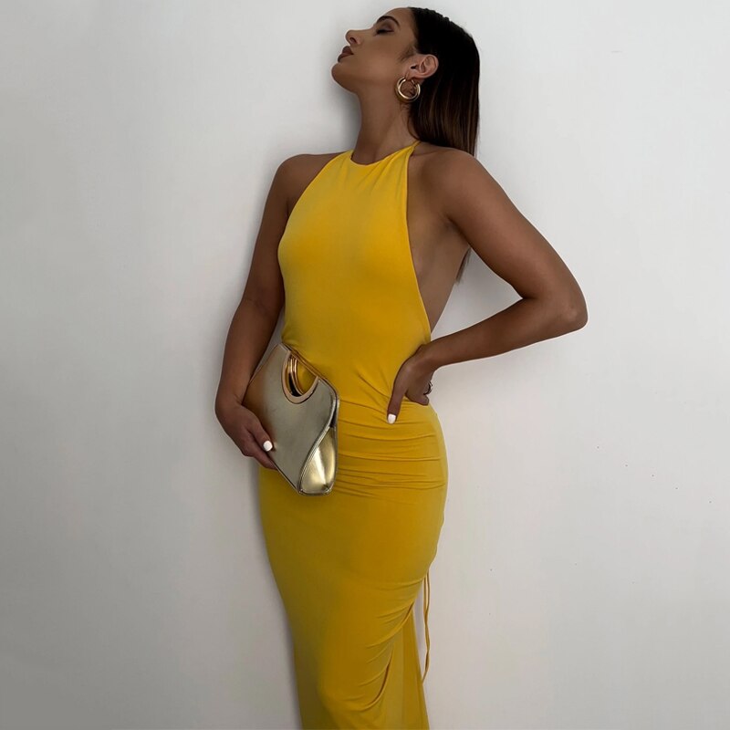 Halter Bandage Sleeveless Backless Shirring Draped Maxi Dress Sexy Streetwear - MERGE.DAY.1.FREESTYLE