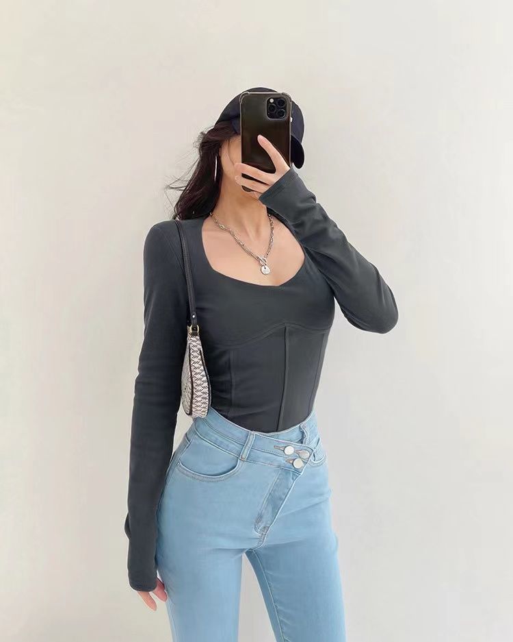 High Waist Cropped Tops Women Fashion Square Neck Long Sleeve T-Shirt Slim Basic Y2K Tees - MERGE.DAY.1.FREESTYLE
