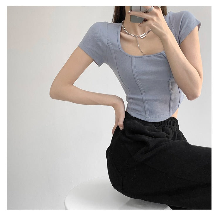 Vintaege Y2K Tops Women Summer Square Collar Short Sleeve T-shirt Fishbone Line Slim Crop - MERGE.DAY.1.FREESTYLE