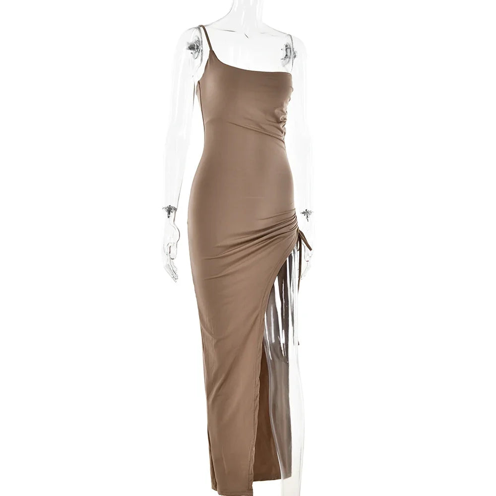 Drawstring High Slit Shoulder Slim Elastic Maxi Bodycon Dress - MERGE.DAY.1.FREESTYLE