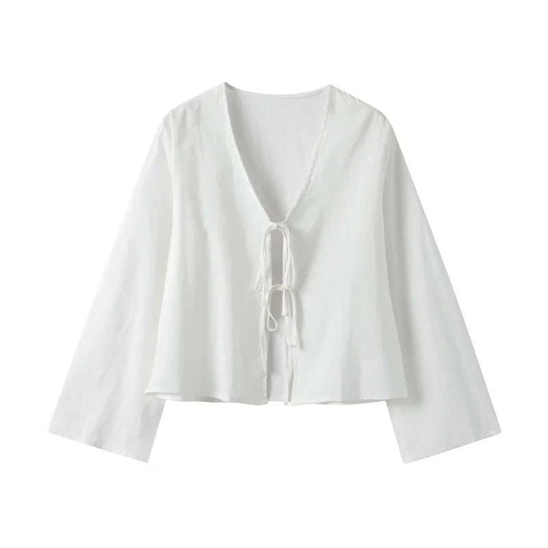 Cotton Linen Lace Up Bow Shirts Women Loose Hollow Out V Neck Long Sleeve Tops - MERGE.DAY.1.FREESTYLE