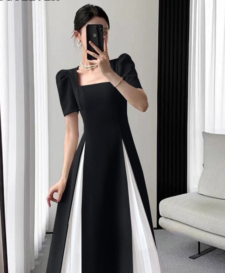 Vintage Square Collar Mid-Length Dress Elegant Short Sleeve Slim Waist Mesh - MERGE.DAY.1.FREESTYLE