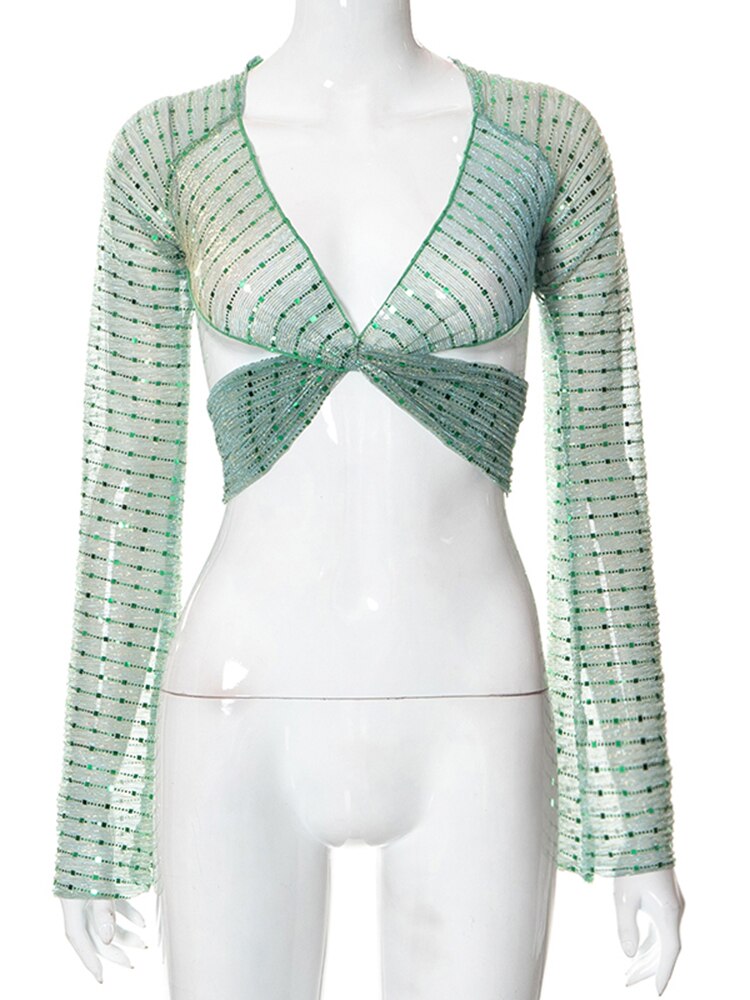 Bling Glitter Sequins Bell Long Sleeve Lace Up Crop Top Blouse Y2K - MERGE.DAY.1.FREESTYLE