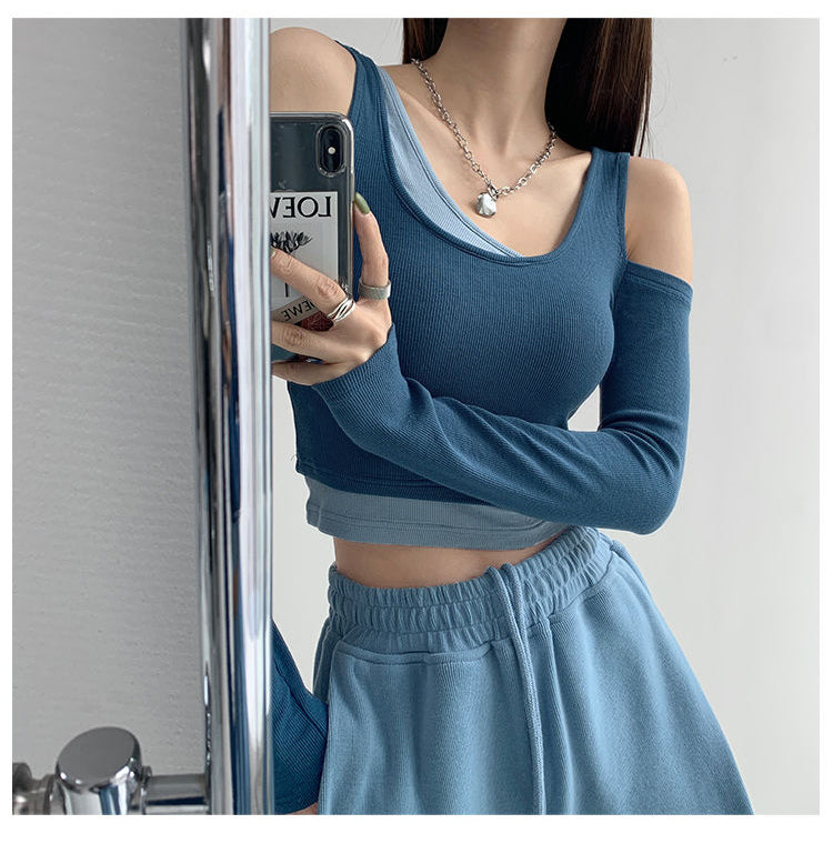 Patchwork Women's T-shirt Fake Two-piece Slim Long Sleeve Y2K Crop Tops Woman - MERGE.DAY.1.FREESTYLE