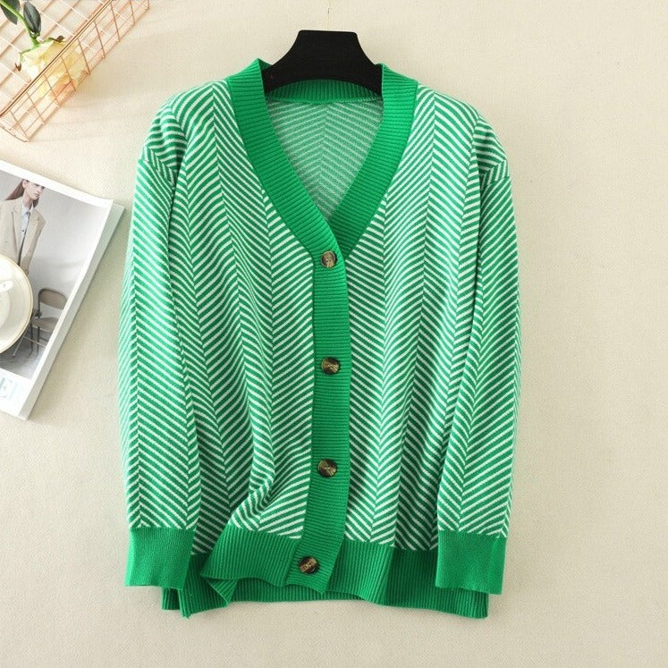 V-neck Striped Cardigans Sweaters Long Sleeve Loose Knitted Open Stitch Outwear - MERGE.DAY.1.FREESTYLE