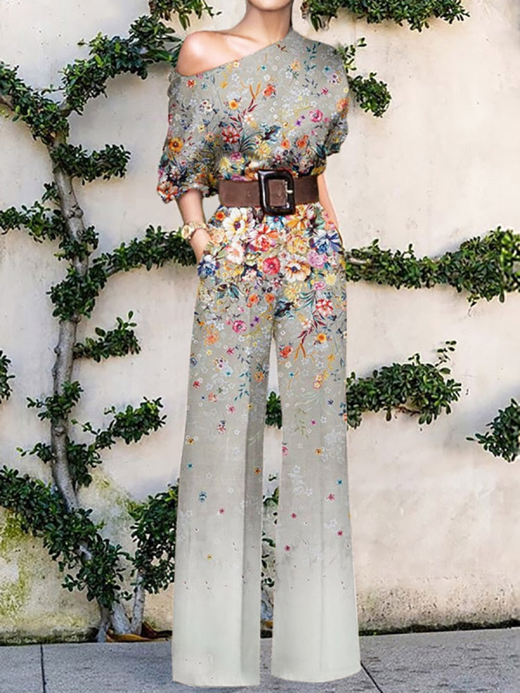 2022 Summer Pattern Print Jumpsuit Off Shoulder Romper Women Wide Leg Pant Playsuit - MERGE.DAY.1.FREESTYLE