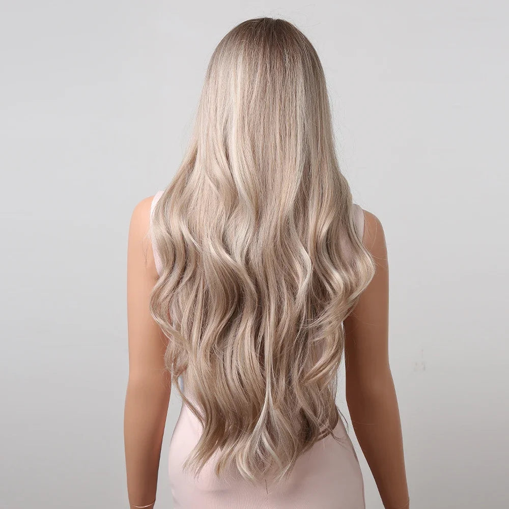 Platinum Blonde with White Highlight Dark Roots Synthetic Hair Wigs for Women Long Wavy Cosplay Daily Party Use Heat Resistant - MERGE.DAY.1.FREESTYLE