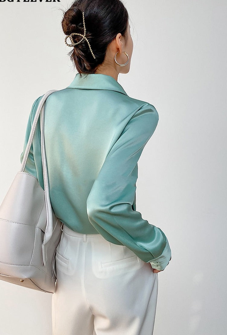 Turn-down Collar Solid Blouses Women Full Sleeve Loose Single-breasted Satin Shirts - MERGE.DAY.1.FREESTYLE