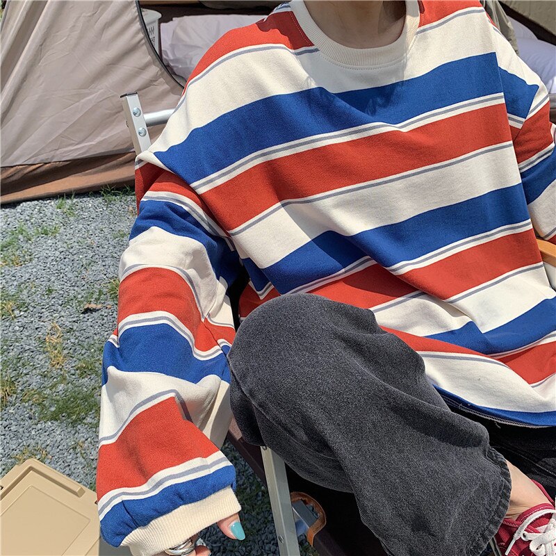 Striped POLO Shirt Men Women Casual Loose Couple BF Lapel Sweatshirts - MERGE.DAY.1.FREESTYLE