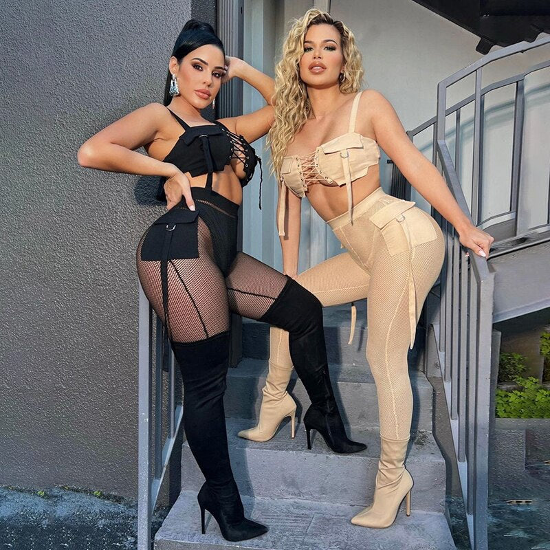 See Through Mesh Crop Top and Trousers Two Piece Set Casual Streetwear 2022 - MERGE.DAY.1.FREESTYLE