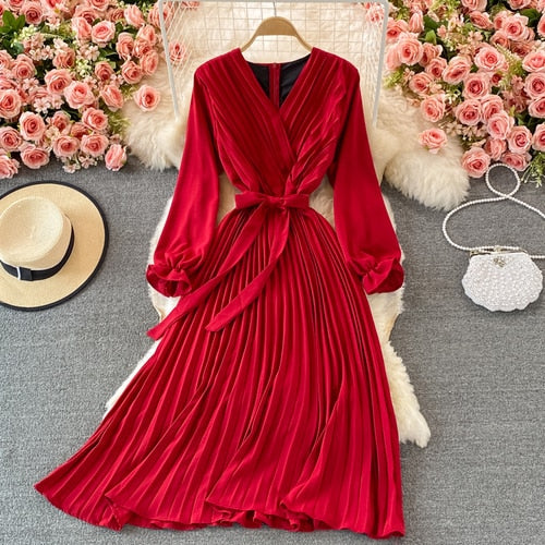 Slim Dress Elegant A Line V Neck Puff Sleeve Chiffon Pullover Mid-Calf Dresses - MERGE.DAY.1.FREESTYLE
