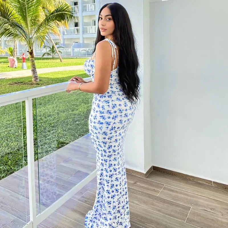 Elegant Floral Beach Vacation Bodycon Streetwear Long Dress - MERGE.DAY.1.FREESTYLE
