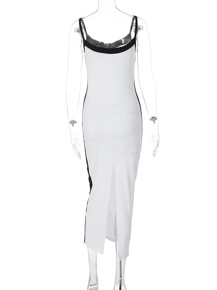 Color Bloack V Neck Sleeveless Slip Slit Sexy Bodycon Maxi Dress Y2K Outfit - MERGE.DAY.1.FREESTYLE
