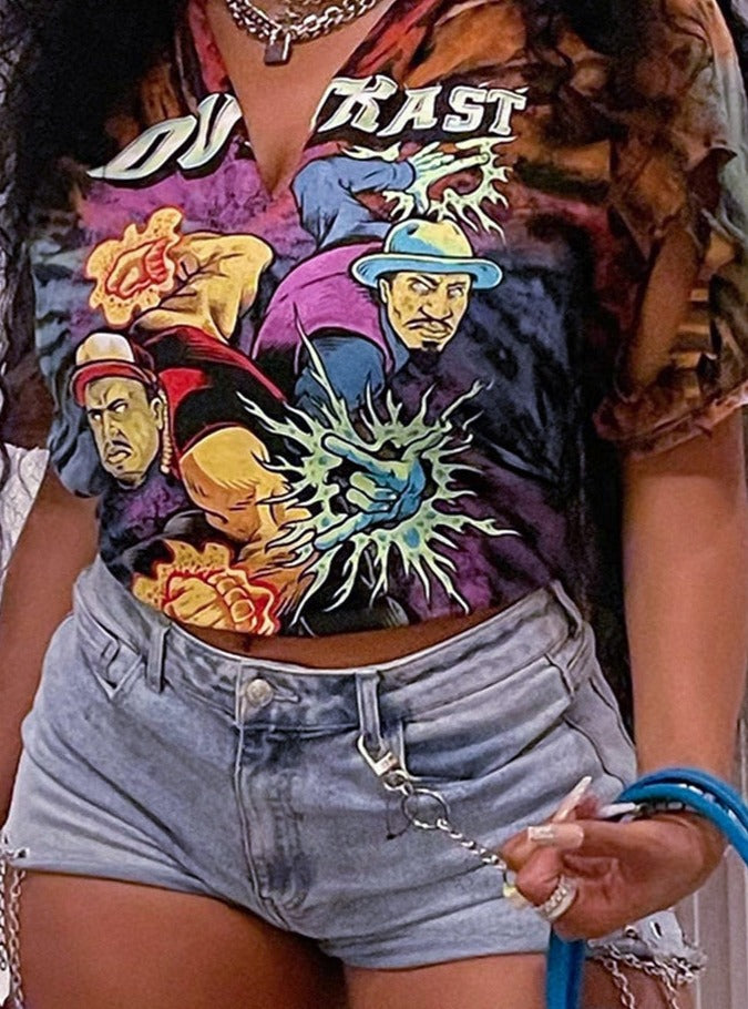 Short Sleeves V Neck Graphic Print Oversize Sexy Tops T Shirts Streetwear Y2K - MERGE.DAY.1.FREESTYLE