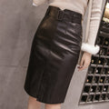 PU Leather Pencil Midi Skirts with Belt High Waist Split OL Elegant Sheath Wrap Skirts - MERGE.DAY.1.FREESTYLE