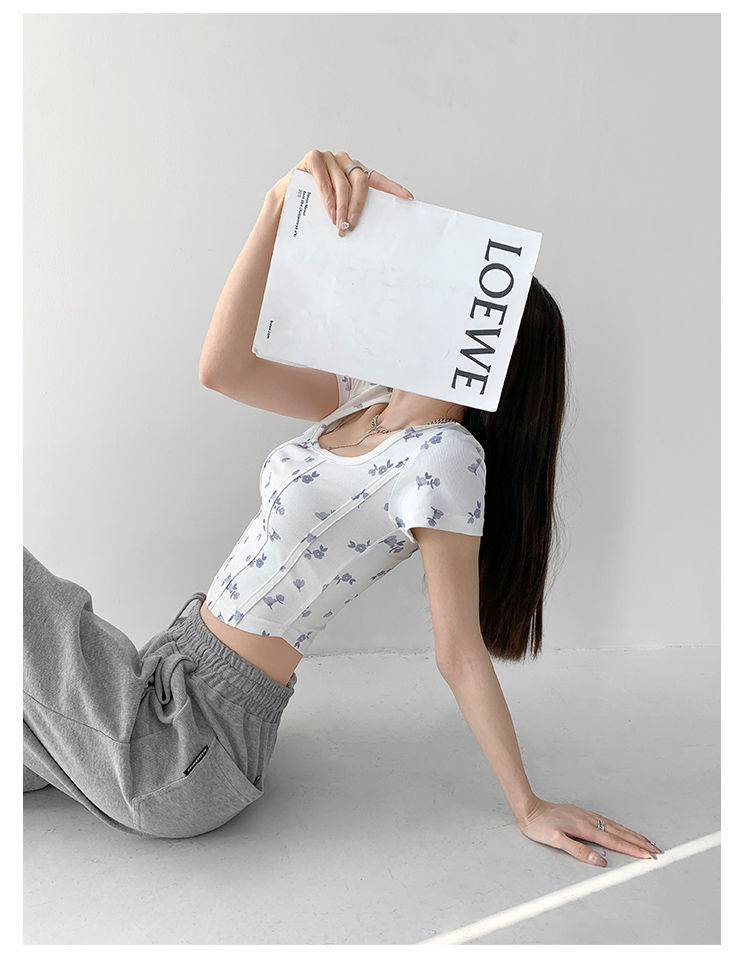 Summer Floral Cropped Top Women Slim Square Neck Short Sleeve White T-shirts Female - MERGE.DAY.1.FREESTYLE