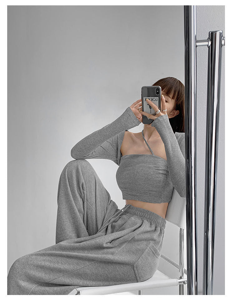 Cropped Tops Women Square Collar Slanted Shoulder Straps Halter Neck Long Sleeve T-shirt - MERGE.DAY.1.FREESTYLE