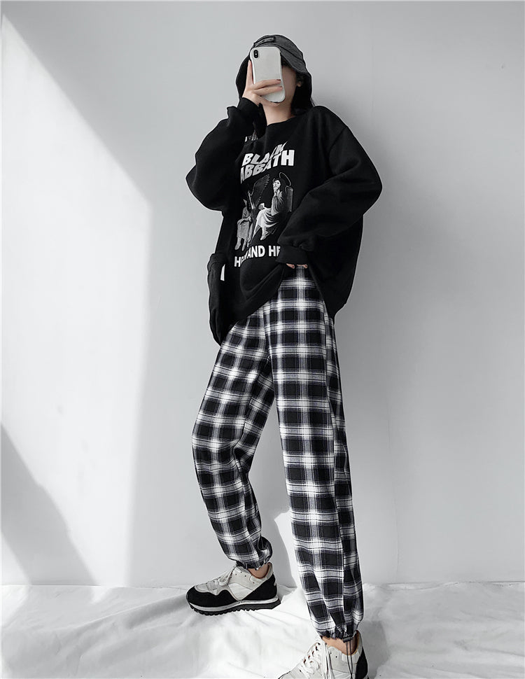 Plaid Pants Women High Waist Drawstring Loose Straight Baggy Pants 2022 Spring and Summer - MERGE.DAY.1.FREESTYLE