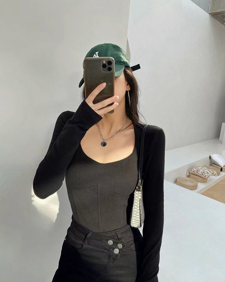 High Waist Cropped Tops Women Fashion Square Neck Long Sleeve T-Shirt Slim Basic Y2K Tees - MERGE.DAY.1.FREESTYLE