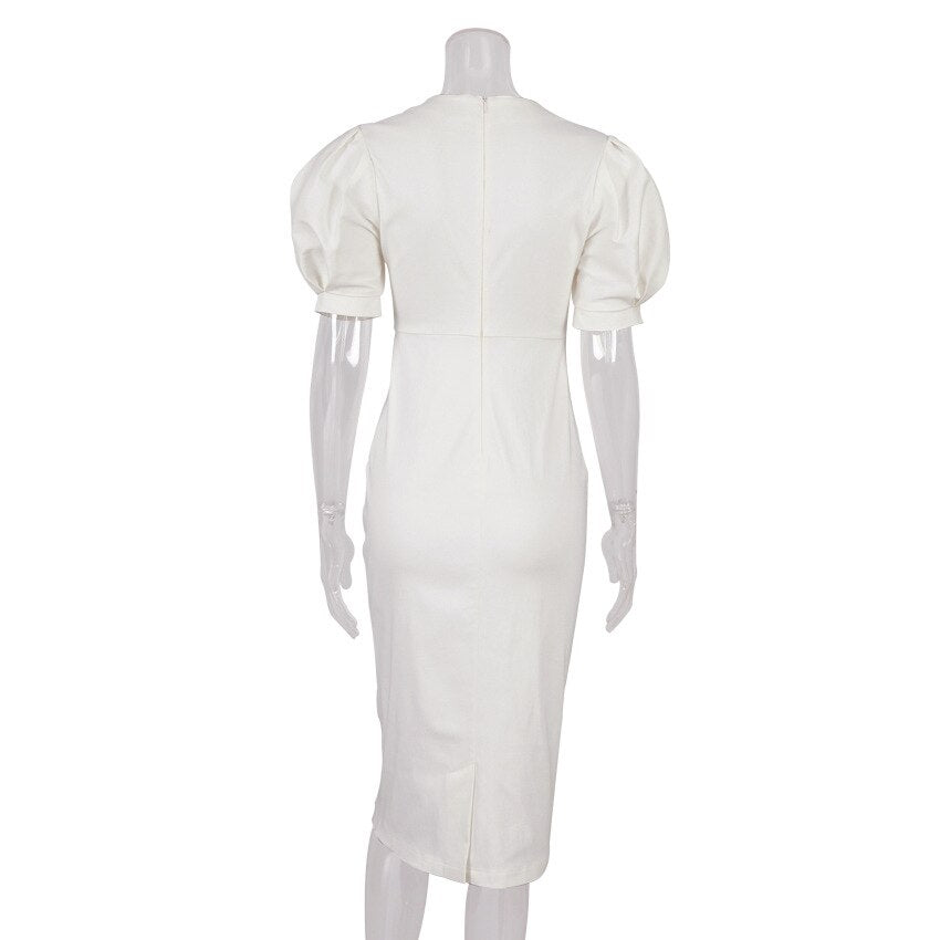 Summer Puff Short Sleeve Dress O-neck Office Lady Solid Color A-line Dress - MERGE.DAY.1.FREESTYLE
