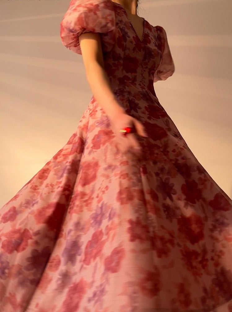 V-neck Floral Printed Dress Women Elegant Puff Sleeve Slim A-line Dress - MERGE.DAY.1.FREESTYLE