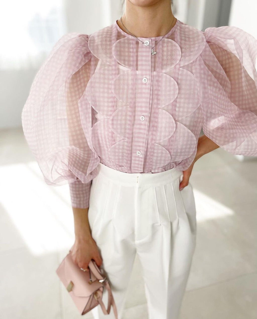 Summer Tops See Through Puff Sleeve Sweet Shirt Single Breasted Plaid - MERGE.DAY.1.FREESTYLE