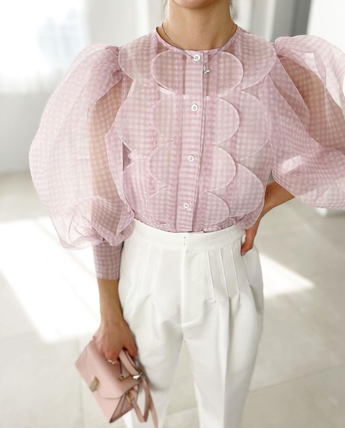 Summer Tops See Through Puff Sleeve Sweet Shirt Single Breasted Plaid - MERGE.DAY.1.FREESTYLE