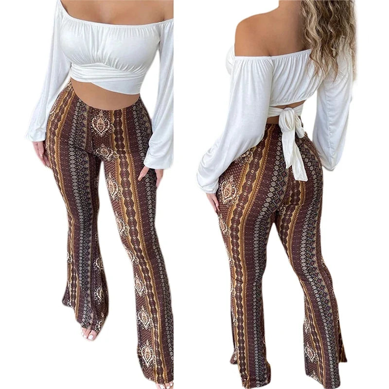 Frauen Boho Flare Pants Ethnic Tribal Print Bell Bottom Yoga Palazzo Hose - MERGE.DAY.1.FREESTYLE