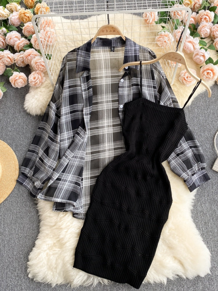 Summer Women Two Piece Set Plaid Long Sleeve Sunscreen Shirt+A-line Knitting Slip Dress - MERGE.DAY.1.FREESTYLE