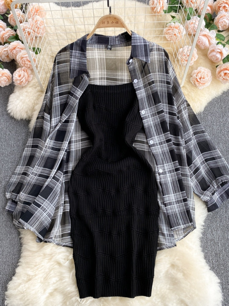 Summer Women Two Piece Set Plaid Long Sleeve Sunscreen Shirt+A-line Knitting Slip Dress - MERGE.DAY.1.FREESTYLE