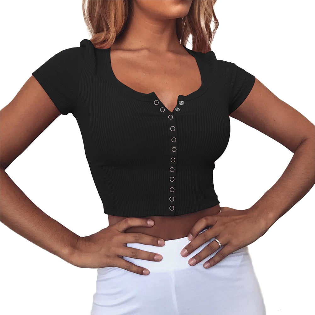Women clothes Ladies Button Square Neck Tops Short Sleeve square collar pullover T-shirts - MERGE.DAY.1.FREESTYLE