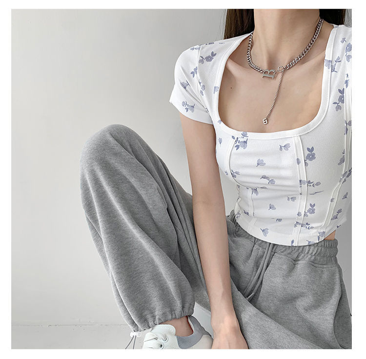Summer Floral Cropped Top Women Slim Square Neck Short Sleeve White T-shirts Female - MERGE.DAY.1.FREESTYLE