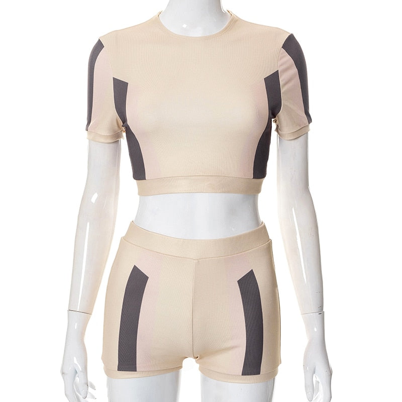 O Neck Short Sleeves Patchwork Crop T Shirt Shorts 2 Pieces Set - MERGE.DAY.1.FREESTYLE